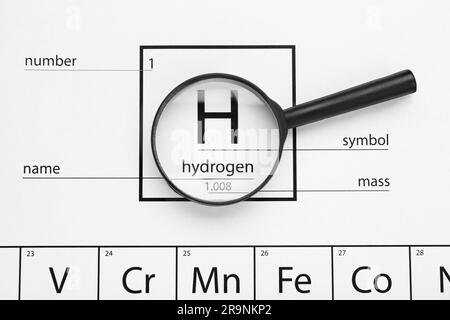 Symbol Wasserstoff und Lupe auf Periodensystem der chemischen Elemente, Draufsicht Stockfoto