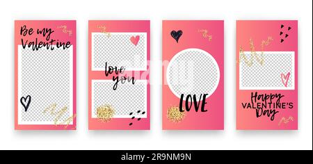 Vektorset mit modischen editierbaren Vorlagen für Geschichten aus sozialen Netzwerken. Valentinstag Moderne Banner mit Herzen und Sätzen Stock Vektor