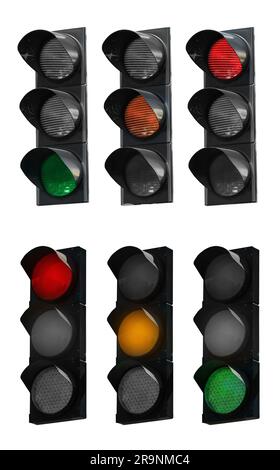 Kollage von Verkehrsampeln mit verschiedenen leuchtenden Lichtern (rot, orange, grün), isoliert auf weiß Stockfoto