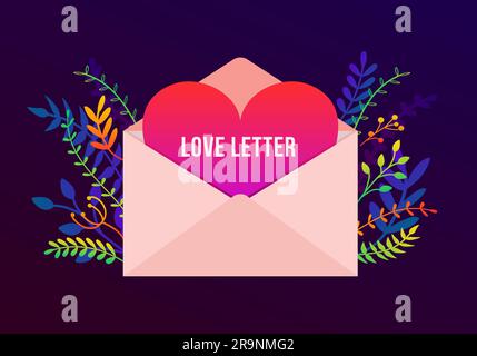 Vector trendy Happy Valentines Day Illustration mit Liebesbrief Konzept, Pflanzen und Blumen. Grußkarte mit großem Umschlag und rotem Herzen, romantisch Stock Vektor