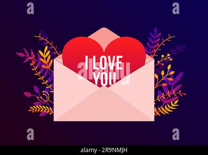 Vector trendy Happy Valentines Day Illustration mit I Love You Briefkonzept, Pflanzen und Blumen. Grußkarte mit großem Umschlag und rotem Herzen, rom Stock Vektor