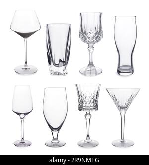 Collage mit verschiedenen leeren Gläsern auf weißem Hintergrund Stockfoto