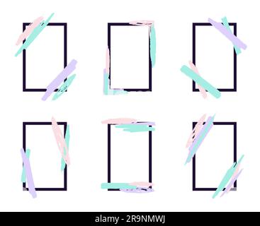 Vektorset aus stilvollen dynamischen Rahmen mit geometrischen Pinselelementen. Kann für Visitenkarten, Einladungen, Geschenkkarten, Flyer und Broschüren verwendet werden Stock Vektor
