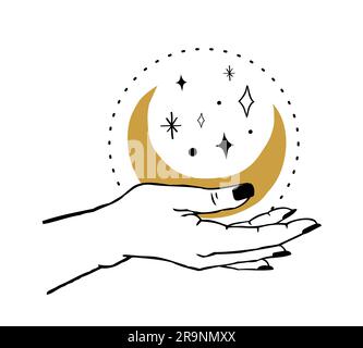 Vektordarstellung der Frauenhand, die Mond und Sterne hält. Trendiger, linearer und minimalistischer Boho-Tattoo-Stil mit Logo, Emblem, T-Shirt-Modedruck und Stab Stock Vektor