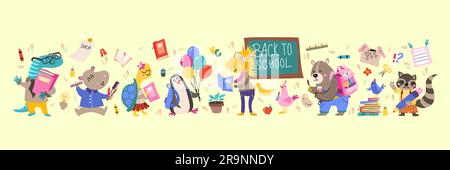 Zurück in die Schule Tiere handgemalt, lehrreiches Thema. Vektordarstellung. Stock Vektor