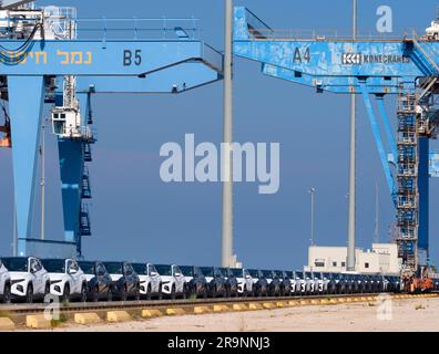 Schlangen von gerade eingetroffenen importierten Autos am Hafen in Haifa, Israel, warten auf Lieferung und Umladung. Wir können auch einige der massiven Gantry sehen Stockfoto