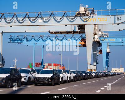 Schlangen von gerade eingetroffenen importierten Autos am Hafen in Haifa, Israel, warten auf Lieferung und Umladung. Wir können auch einige der massiven Gantry sehen Stockfoto