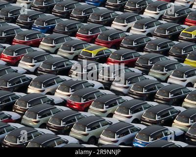 Reine Geometrie - endlose Reihen neu importierter Autos, die an Land im Hafen von Zeebrugge, Belgien, gepanzert werden. Von der Aussichtsplattform unseres moore aus gesehen Stockfoto