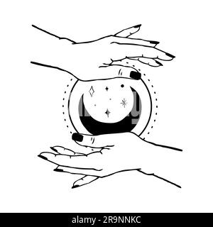 Vektordarstellung von Frauenhänden, die Mond und Sterne halten. Trendiger, linearer und minimalistischer Boho-Tattoo-Stil für Logo, Emblem, T-Shirt-Modedruck, stic Stock Vektor