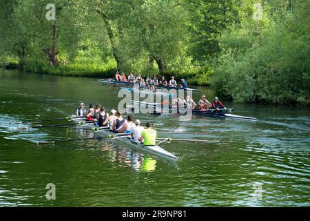 Ruderteams auf der Themse im Iffley Village, direkt am Schloss und stromabwärts von Oxford. Es ist früh an einem Sommermorgen, aber man kann alles sehen Stockfoto