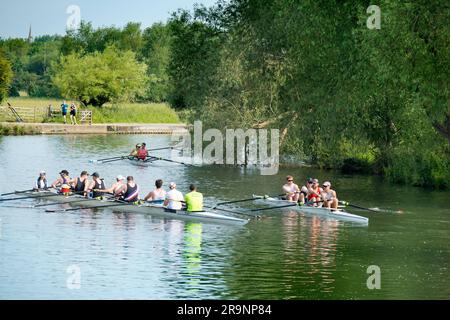 Ruderteams auf der Themse im Iffley Village, direkt am Schloss und stromabwärts von Oxford. Es ist früh an einem Sommermorgen, aber man kann alles sehen Stockfoto