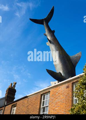 Der Headington Shark ist eine Dachskulptur in der New High Street in Headington, Oxford, England. Dieses surreale öffentliche Kunstwerk zeigt einen überdimensionalen Sh Stockfoto