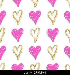 Nahtloses Vektormuster mit handgezeichneten goldenen und pinkfarbenen Herzen. Dekoration für Valentinstag, Hochzeit Stock Vektor