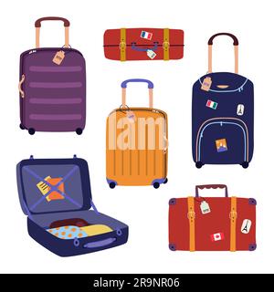 Vektorset mit Reisegepäck, Taschen, Koffern. Trendige, farbenfrohe Urlaubsanschauung im flachen Cartoon-Stil Stock Vektor