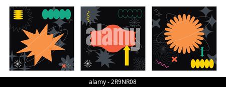 Vektorset mit trendigen abstrakten retrowave-, futuristischen und Y2K-Kartenabbildungen mit geometrischen Formen in memphis. 90s Pop-Art-Hintergründe im Retro-Look Stock Vektor