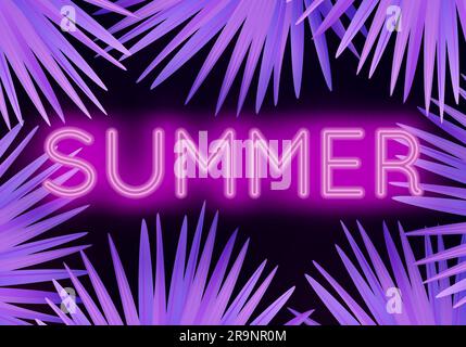 Farbenfrohe, moderne Illustration mit Neon-Schriftzug Summer und tropischen Palmenblättern. Trendige Nacht mit exotischem Hintergrund Stock Vektor