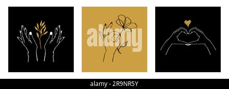 Vektorsatz weiblicher Hände in verschiedenen Gesten: Pflanzen halten, Blüten und Fingerherzen machen. Abstrakte, trendige Vorlagenkarten mit Logos oder embl Stock Vektor