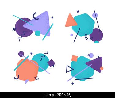 Abstraktes Vektorset von Kompositionen geometrischer Elemente mit trendigen, körnigen, texturierten Schattenelementen. Moderne, zeitgenössische Kollektion minimalistischer ISO-Formen Stock Vektor