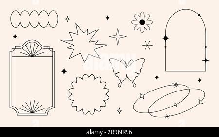 Vektorset mit linearen minimalistischen ästhetischen Rahmen, Rahmen, geometrischen Formen mit Sternen im Bo- und 2yk-Stil. Rechteckige Bogenelemente für s. Stock Vektor