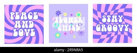 Vector Abstract Retro 60s, 70s Hippie-ästhetische Hintergründe mit groovy Blumen, inspirierenden Sätzen. Vintage-Illustrationen für die Mode Stock Vektor