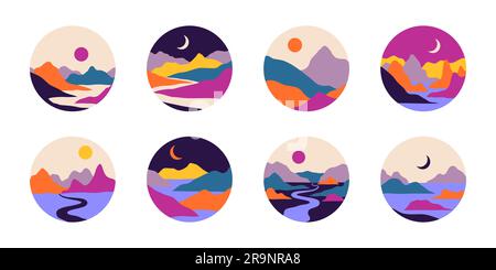 Vector Abstrakt zeitgenössische ästhetische Ikonen oder Landschaftsaufkleber mit Bergen, Straßen, Sonnenaufgang und Sonnenuntergang. Boho Wandmotiv Dekor in F Stock Vektor