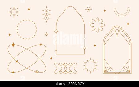 Vektorset mit linearen minimalistischen ästhetischen Rahmen, Rahmen, geometrischen Formen mit Sternen im Bo- und 2yk-Stil. Rechteckige Bogenelemente für s. Stock Vektor