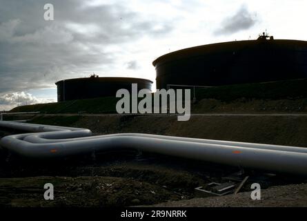 Nordseeöl am Sullom Voe Terminal. Öllagertanks für British Petroleum (BP). Sullom Voe, Shetlands Festland, Shetland Islands, Schottland, ca. 1979. UK 1970S HOMER SYKES Stockfoto
