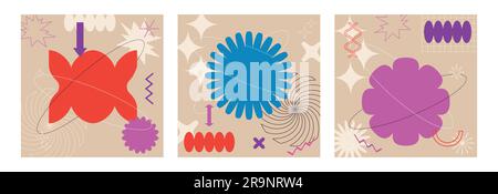 Vektorset mit trendigen abstrakten retrowave-, futuristischen und Y2K-Kartenabbildungen mit geometrischen Formen in memphis. 90s Pop-Art-Hintergründe im Retro-Look Stock Vektor