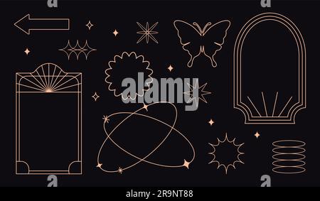 Vektorset mit linearen minimalistischen ästhetischen Rahmen, Rahmen, geometrischen Formen mit Sternen im Bo- und 2yk-Stil. Rechteckige Bogenelemente für s. Stock Vektor