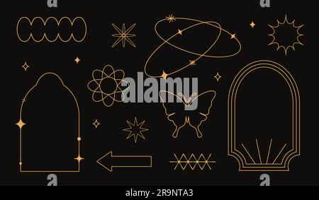 Vektorset mit linearen minimalistischen ästhetischen Rahmen, Rahmen, geometrischen Formen mit Sternen im Bo- und 2yk-Stil. Rechteckige Bogenelemente für s. Stock Vektor
