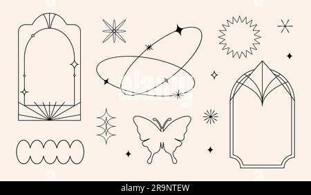 Vektorset mit linearen minimalistischen ästhetischen Rahmen, Rahmen, geometrischen Formen mit Sternen im Bo- und 2yk-Stil. Rechteckige Bogenelemente für s. Stock Vektor