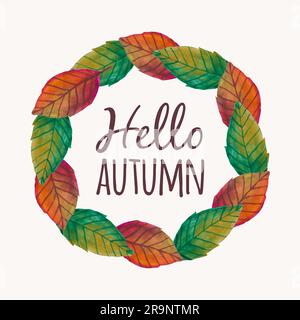 Vektordarstellung mit Rahmen für Herbstblätter und Typografie-Text „Hello Autumn“ Stock Vektor