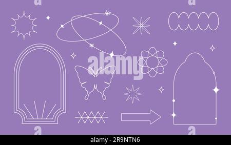 Vektorset mit linearen minimalistischen ästhetischen Rahmen, Rahmen, geometrischen Formen mit Sternen im Bo- und 2yk-Stil. Rechteckige Bogenelemente für s. Stock Vektor