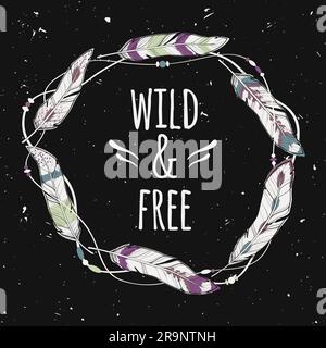 Vector Grunge Poster mit dekorativem ethnischen Rahmen aus Federn, Fäden und Perlen mit dem Text „Wild and Free“. Freiheitskonzept. Stock Vektor