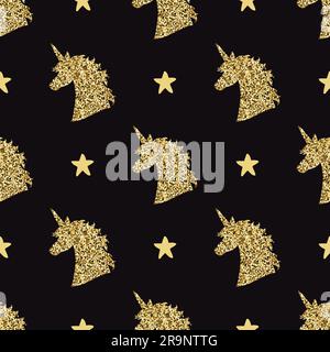 Nahtloses Vektormuster mit goldenen magischen Einhorn-Silhouetten und Sternen. Inspirierendes Design für Print, Banner, Poster, Mode. Stock Vektor