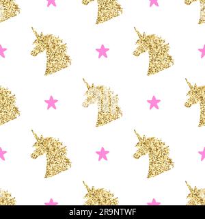 Nahtloses Vektormuster mit goldenen magischen Einhorn-Silhouetten und Sternen. Inspirierendes Design für Print, Banner, Poster, Mode. Stock Vektor