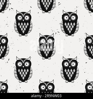 Vector Grunge Schwarzweiß-Nahtloses Muster mit süßen Eulen Stock Vektor