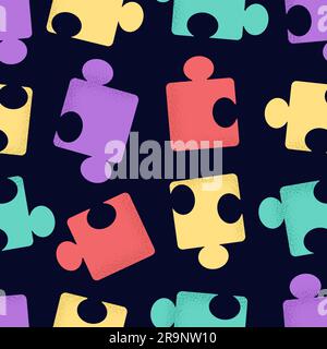 Nahtloses Vektormuster aus Cartoon-Puzzleteilen mit trendigen, strukturierten Schattierungen. Trendiger Hintergrund mit geometrischen Puzzleelementen und Mosaikteilen. Fu Stock Vektor