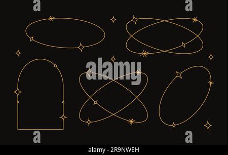 Vektorset aus linearen minimalistischen ästhetischen Rahmen und Rahmen mit Sternen. Runde, ovale und gewölbte moderne geometrische Formen mit Glitzereffekt für soziale Medien Stock Vektor