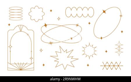 Vektorset mit linearen minimalistischen ästhetischen Rahmen, Rahmen, geometrischen Formen mit Sternen im Bo- und 2yk-Stil. Rechteckige Bogenelemente für s. Stock Vektor