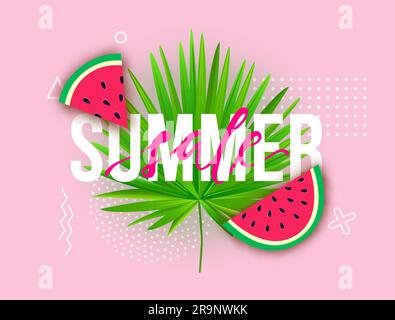 Trendige Illustration des Vector Sommerangebots. Moderner Hintergrund mit Wassermelonenscheiben, tropischen Palmenblättern und geometrischen Elementen. Stock Vektor