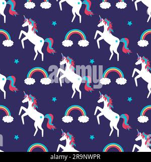 Vektorniedliches nahtloses Muster mit Einhörnern, Regenbogen und Sternen Stock Vektor