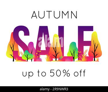 Vector trendiges Herbstbanner für die Herbst-Shopping-Saison. Hintergrund mit Briefen, Bäumen und Pflanzen für Rabattkarten, Gutscheine oder Werbung Stock Vektor