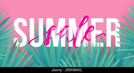 Trendiges Banner für Vector Sommerangebote. Moderner farbenfroher Hintergrund mit tropischen Palmenblättern Stock Vektor