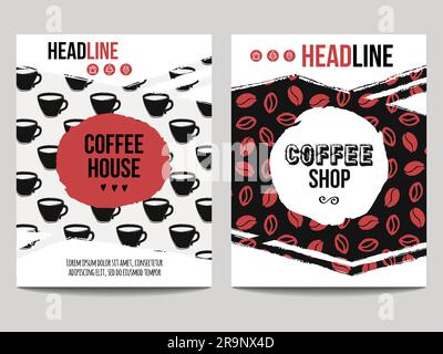 Vektorset moderner Poster mit Kaffeehintergrund. Trendige Hipster-Vorlagen mit Kaffeebohnen- und Bechermustern für Flyer, Banner, Einladungen Stock Vektor