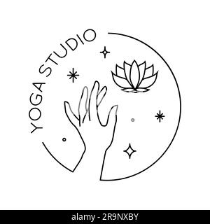 Vector Abstraktes, trendiges lineares Logo mit handgehaltener Lotusblume und Sternen. Yoga-Emblem, -Label oder -Symbol isoliert auf weißem Hintergrund Stock Vektor