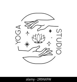 Abstraktes, trendiges, lineares Vector-Logo mit Händen, die Lotusblumen und Sterne halten. Yoga-Emblem, -Label oder -Symbol isoliert auf weißem Hintergrund Stock Vektor