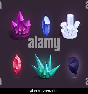 Vektorset mit verschiedenen bunten Cartoon-Kristallen. Symbole für Spiele Stock Vektor