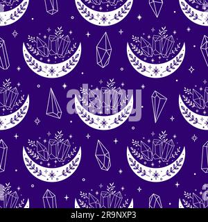 Vektormagische himmlische Muster mit Mond, Sternen und mystischen Kristallen. Boho abstrakter esoterischer Hintergrund mit Hexensymbolen für Mode, f Stock Vektor