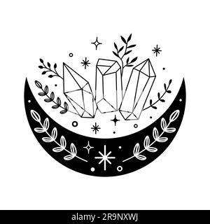 Vektor abstrakte magische Illustration mit himmlischen Kristallen, Mond, Sternen und Blumen isoliert auf weißem Hintergrund. Boho trendiges esoterisches Symbol für Post Stock Vektor